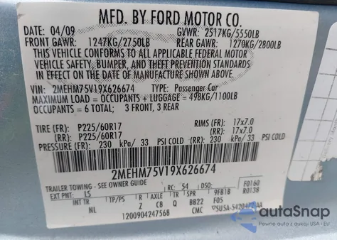 2009 Mercury Grand Marquis Ls (Fleet Only) from USA, damaged, VIN 2MEHM75V19X626674